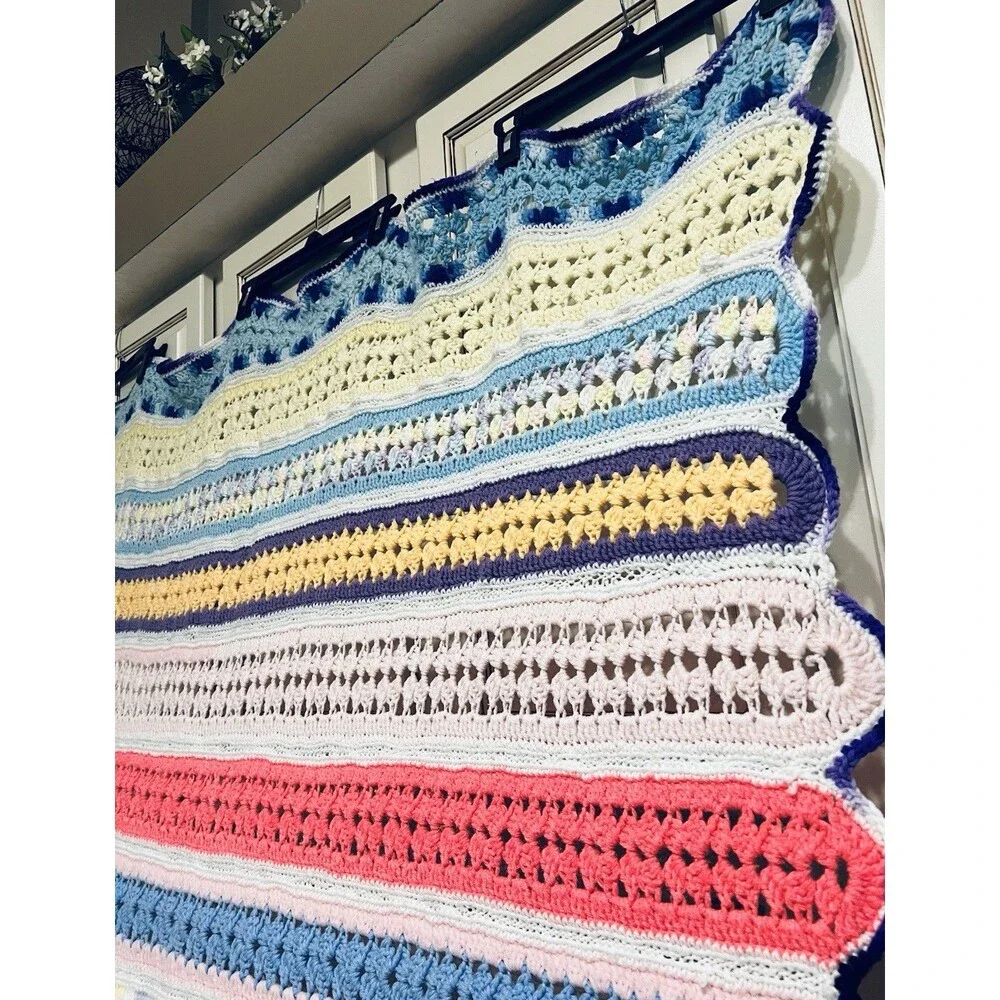 Handmade Crocheted Throw Blanket Multicolor 60 x 54  Afghan Heirloom Gift LN